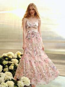 MOTF PREMIUM WOMEN'S FLORAL PRINT ROMANTIC LONG SKIRT, SPRING/SUMMER - Baby Pink - View 1