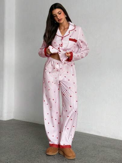Aloruh Striped Heart Patchwork Collar Top & Pants Pajama Set, Fall Winter Clothes