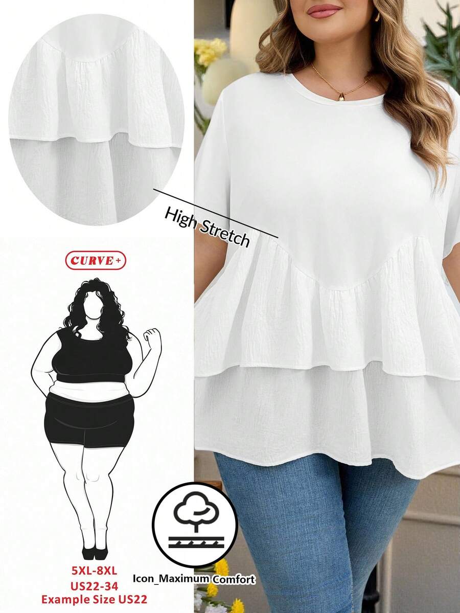 SHEIN CURVE+ Curve 尺码 US22 音乐节、海滨度假、波西米亚风 CURVE PLUS / / 女士白色拼接娃娃衬衫 T 恤 - 白色 - 查看 1