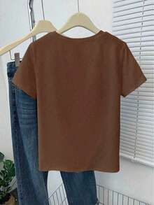 DrmWander Women's T-Shirt, Casual Street Style Graphic Short Sleeve T-Shirt, Cute Summer Top, Coffee Bean Embroidery Pattern Round Neck Women's T-Shirt - Brown - View 2