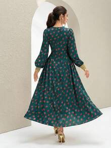 Al Najma Women's Round Neck Floral Print Ruched Waist Elegant Party Dress - Dark Green - View 6