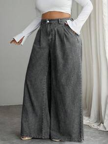 EMERY ROSE Quần jeans ống rộng cạp cao dáng rộng, chất liệu wash, cỡ lớn, kiểu dáng thường ngày. - Màu Xám nhạt - Xem 5