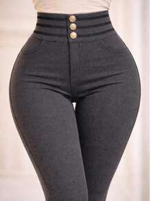 Maritza - Pantalón costillero skinny con botones dorados - Gris - Ver 2