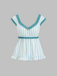 Sweetra 2026 Spring/Summer New Arrival Floral Patchwork Sweet Fitted Retro Striped Blouse - Multicolor - View 1