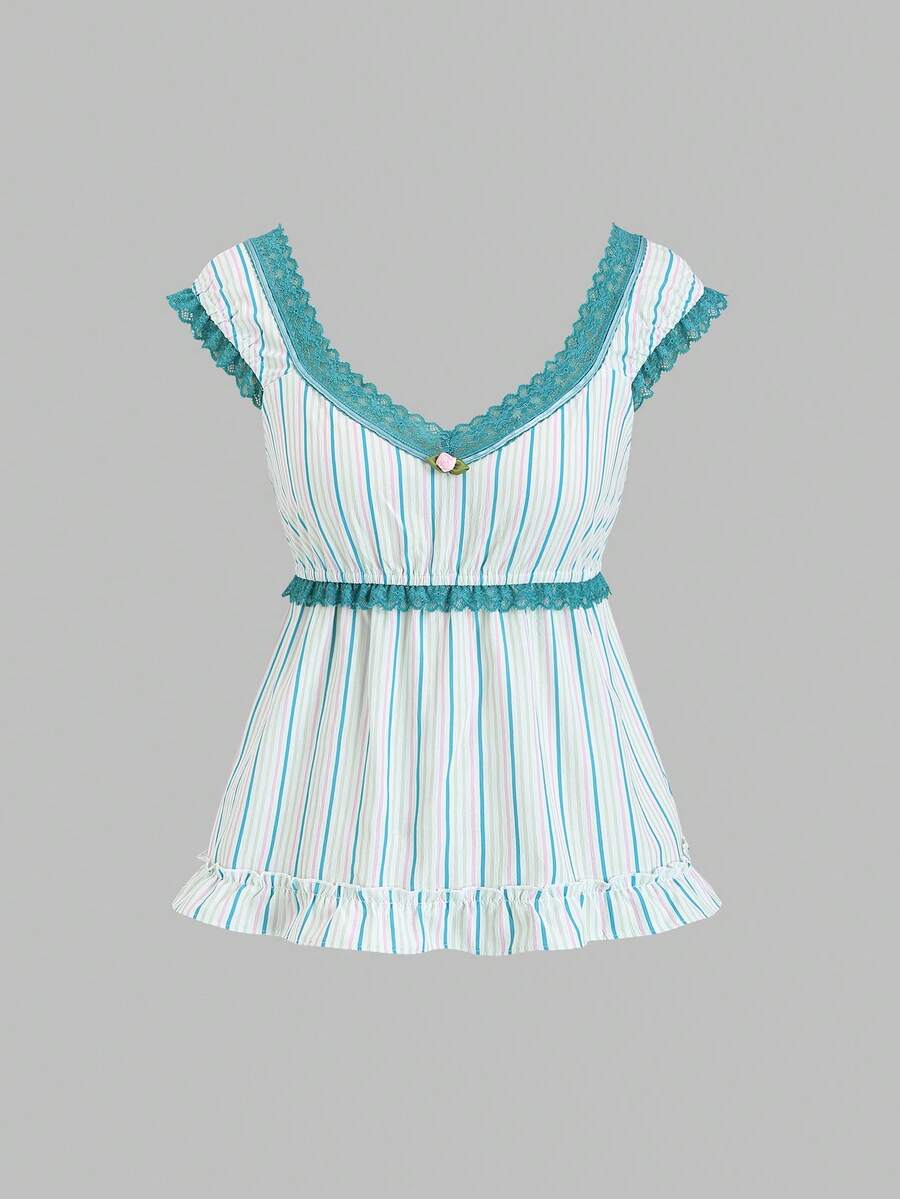 Sweetra 2026 Spring/Summer New Arrival Floral Patchwork Sweet Fitted Retro Striped Blouse - Multicolor - View 1