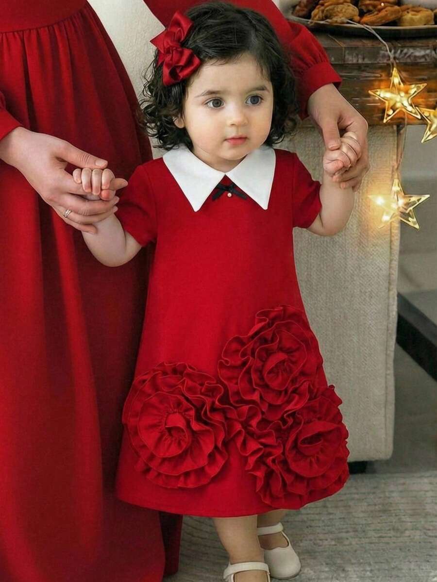 فستان أنيق متوسط الطول للبنات الصغار مزين بالزهور وألوان متباينة في الياقة - الأحمر - مشاهدة 1