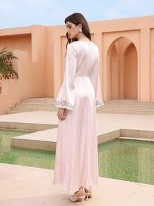 Graceveil Đầm dài tay thiết kế lệch vai, viền ren, phối ren, eo thon gọn dành cho nữ - Hồng - Xem 3