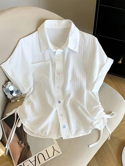 Franclia 彩色纽扣抽绳设计休闲短袖女式衬衫，通勤百搭