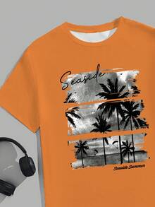 Manfinity RSRT Camiseta casual de cuello redondo y manga corta para hombres, versátil para el verano - Naranja Quemada - Ver 4