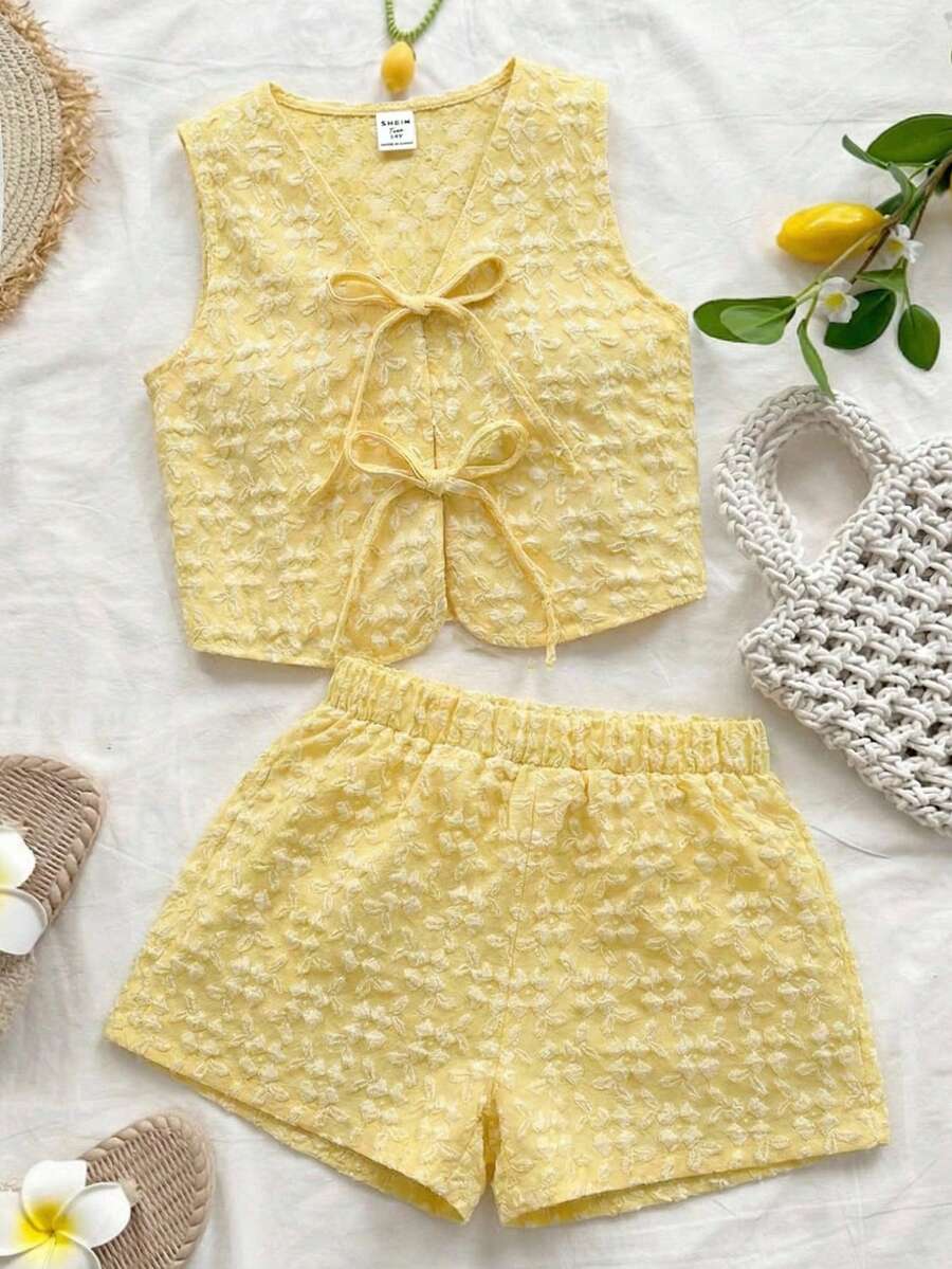 SHEIN 少女黄色提花蝴蝶结V领吊带背心和短裤休闲套装 - 黃色 - 查看 1
