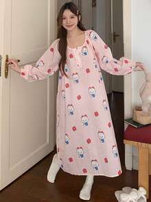 DAZY 可爱条纹卡通熊印花褶皱灯笼袖宽松长款女士睡裙 - 粉色 - 查看 8