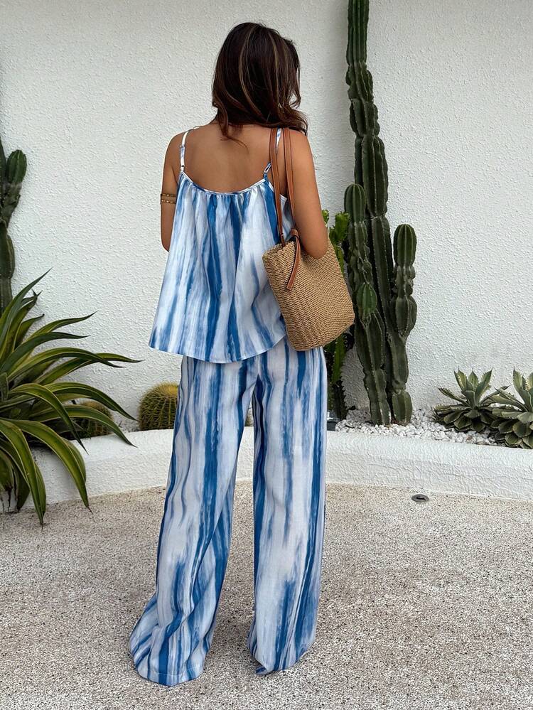 2pcs Women's Summer Casual Sleeveless Striped Top And Pants Set, Blue