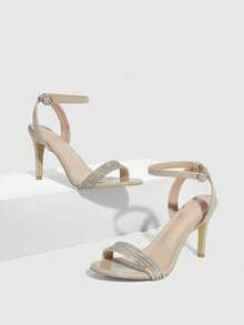 CUCCOO SZL Sandalias de tacón alto con puntera puntiaguda para mujer, con tiras de strass y correa de tobillo, color albaricoque, de moda, elegantes y sexys para fiestas, banquetes y citas - Albaricoque - Ver 2