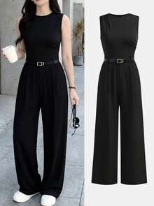 SHEIN Teen Girls Black Knit Top And Pants Jumpsuit, Casual Fashion Versatile For Outings, Sisters Photos, Park, Camping, Daily, Party, Vacation - Black - View 1