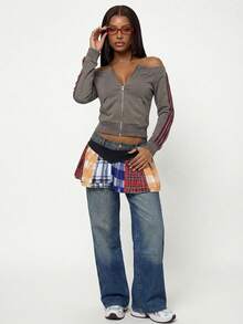 Modviera Elegant Off-Shoulder Long Sleeve Contrast Red Ribbon Sweatshirt Jacket For Women, Spring/Autumn - Multicolor - View 3