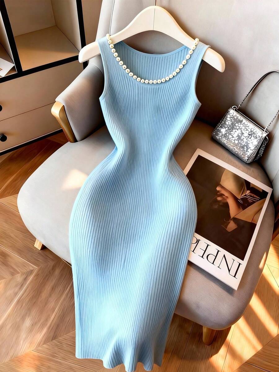 GlowEve New Stylish Beaded Slim Fit Versatile Women Dress - Blue - View 1