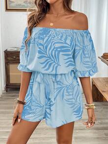 Breezaya 荷叶边袖收腰露肩夏威夷风连体衣 - 藍色 - 查看 5