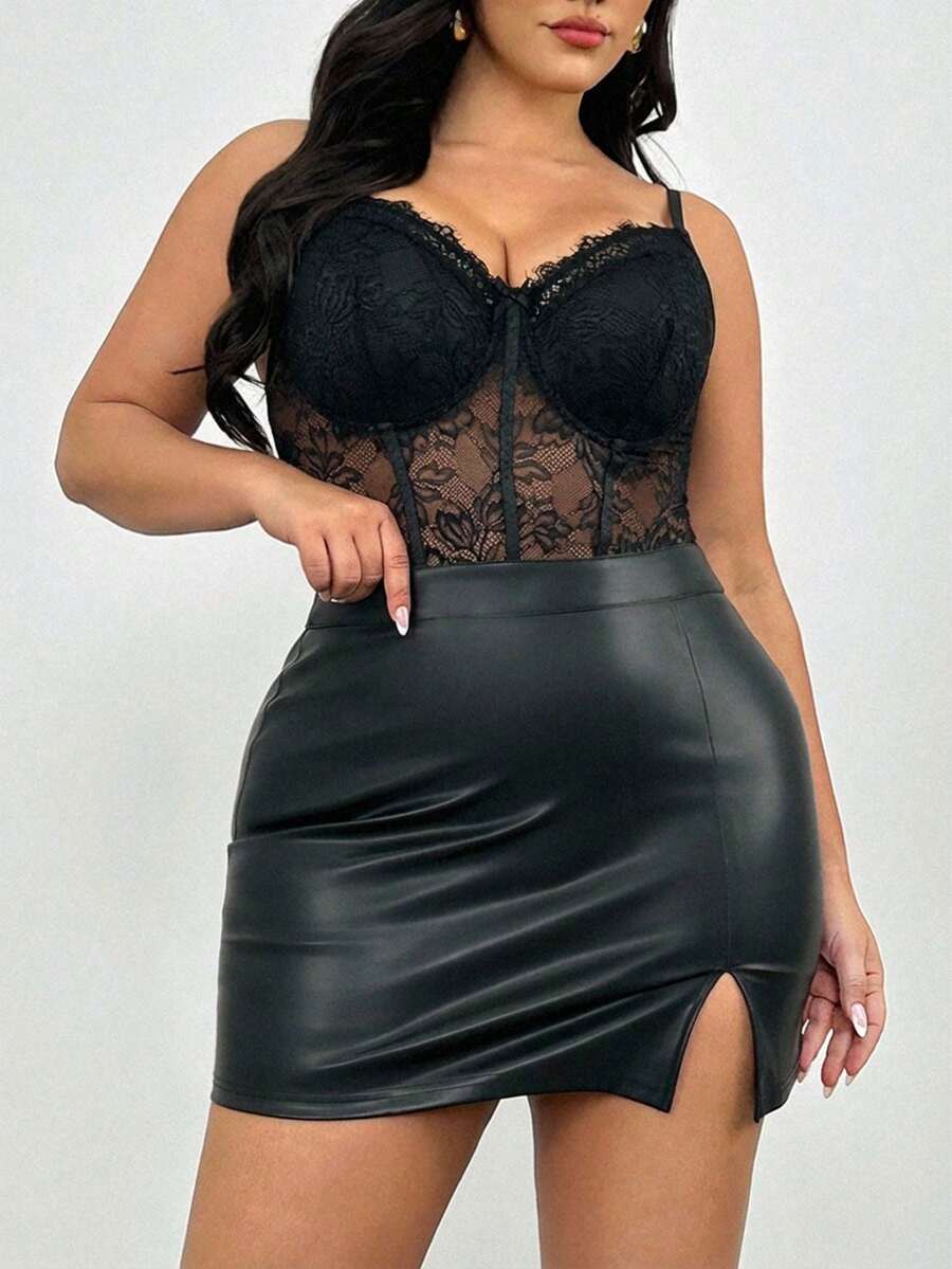 Firerie 大码优雅舒适性感蕾丝撞色网纱弹力连体衣，适合情人节、音乐会、演出、约会、正式晚宴、派对、性感、优雅、通勤、海滩、浪漫、职场女王、美人鱼风格、生日派对等场合。 - 黑色 - 查看 1