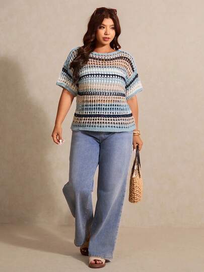 Elaquor Plus Size Crew Neck Drop Shoulder Short Sleeve Casual Colorblock Striped Hollow Out Pullover Sweater