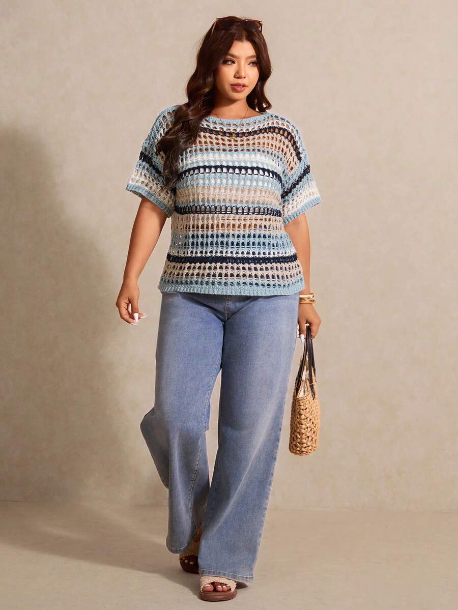Elaquor 大码圆领落肩短袖休闲撞色条纹镂空套头毛衣 - 藍色 - 查看 1