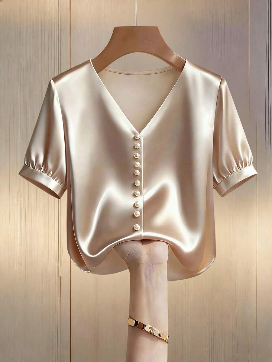 INAWLY Loose Casual Elegant Office V-Neck Beaded Short Sleeve Shirt - Apricot - View 1