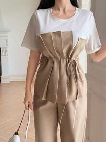 DAZY 2pcs Women Crew Neck Ruched Drawstring Short Sleeve Top And Pants Set - Khaki - View 7