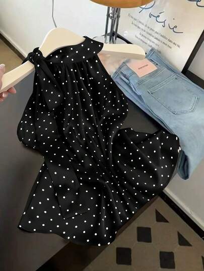 GlowEve CURVE Áo sơ mi nữ cỡ lớn thanh lịch bằng vải satin in họa tiết chấm bi cổ điển, không tay, kèm nơ thắt cổ, thích hợp cho mùa xuân/hè.