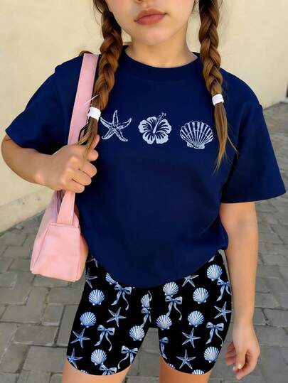 Conjunto de camiseta corta y shorts de ciclista con estampado gráfico de flores, conchas, estrellas de mar y lazos para niñas preadolescentes, estilos cómodos y acogedores para el verano y el otoño, adecuado para primavera, verano y otoño