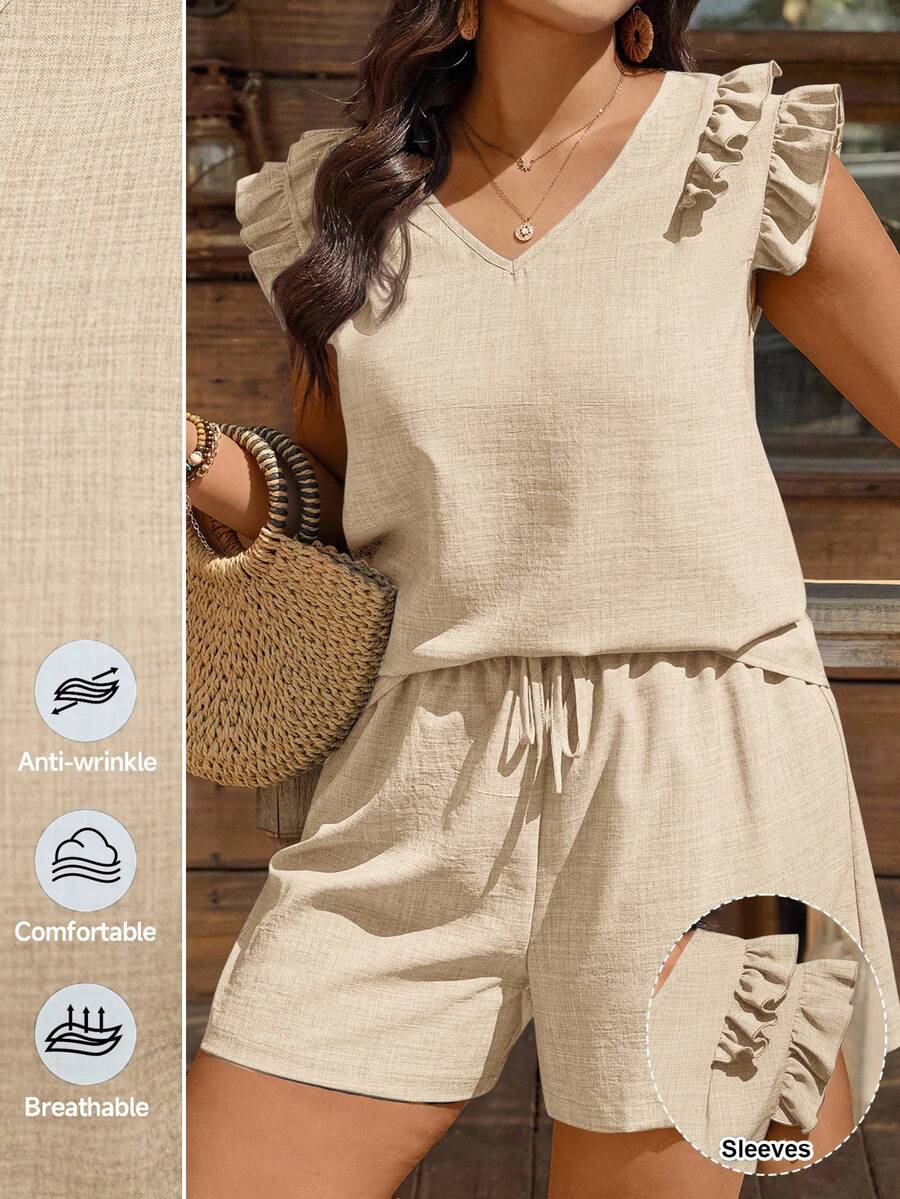 SHEIN LUNE 大码纯色V领短袖荷叶边下摆宽松夏季优雅两件套女装休闲度假套装女士夏季服装女士夏季套装 - 杏色 - 查看 1