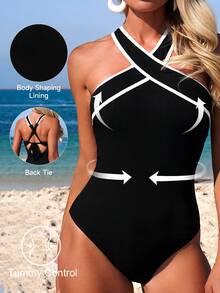 Shapewave 2022 Summer Vacation Beach Tummy Control Elegant One-Piece Swimsuit, Black & White Ribbed Criss-Cross Halter - Black and White - View 1