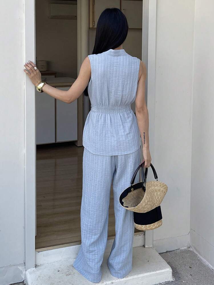 Women's Casual V-Neck Belted Vest And Wide Leg Pants 2 Pieces Set, Spring/Summer