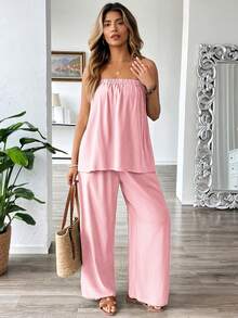 Roveilla Plus Size Women's Linen Blend Casual Jumpsuit, Loose Fit Sleeveless Romper For Commuting, Vacation, Beach, Spring/Summer Women Vacation Outfit Sets Wide Leg Pants Set Two Piece Set Women Comfy Summer Pants Sets For Women Casual Two Piece Set - Pink - View 5