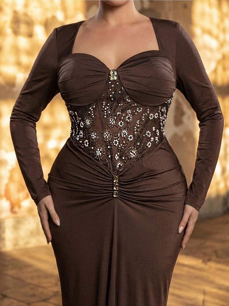 Aureia Glamorous Plus Size Brown Maxi Mermaid Dress With Sweetheart Neckline Long Sleeves And Rhinestone Detail For Evening Events - Brown - View 2