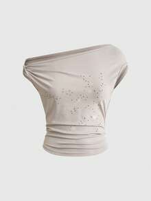 ROMWE Avant 前卫Y2K扭结肩带露肩水钻装饰女式上衣 - 卡其色 - 查看 1