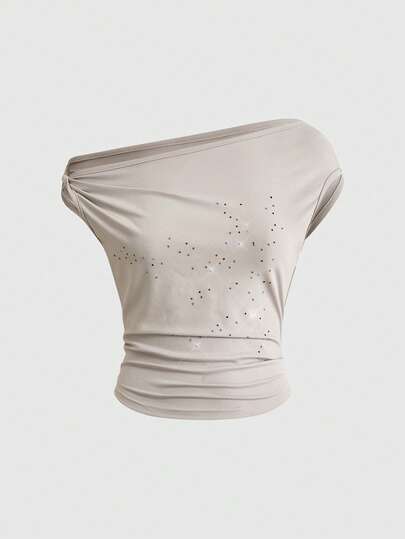 ROMWE Avant Avant Garde Y2K Twist Strap Off Shoulder Rhinestone Embellished Women Top