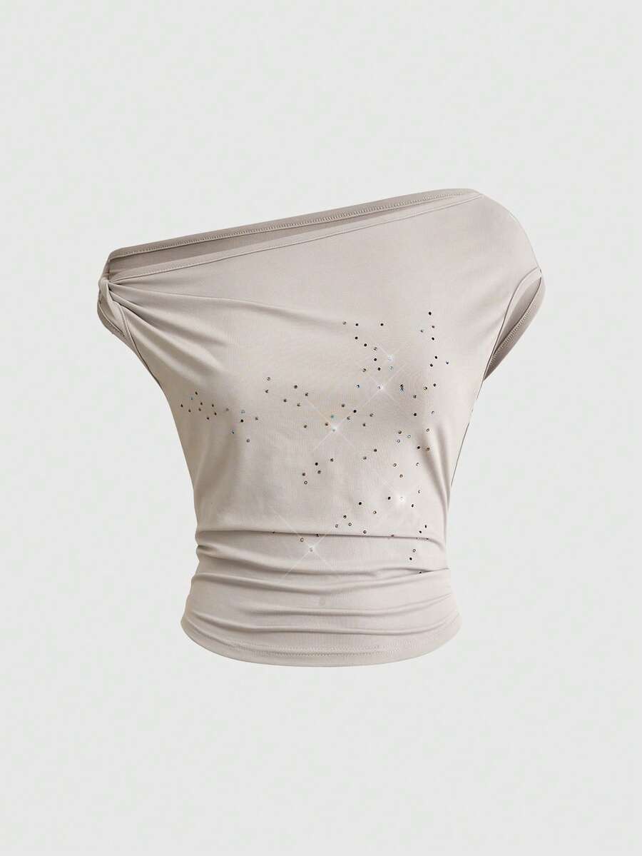 ROMWE Avant 前卫Y2K扭结肩带露肩水钻装饰女式上衣 - 卡其色 - 查看 1