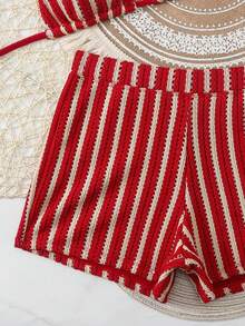 Slaydiva Women's Summer New Vacation Beach Striped Spaghetti Strap Bikini Set - Red - View 4