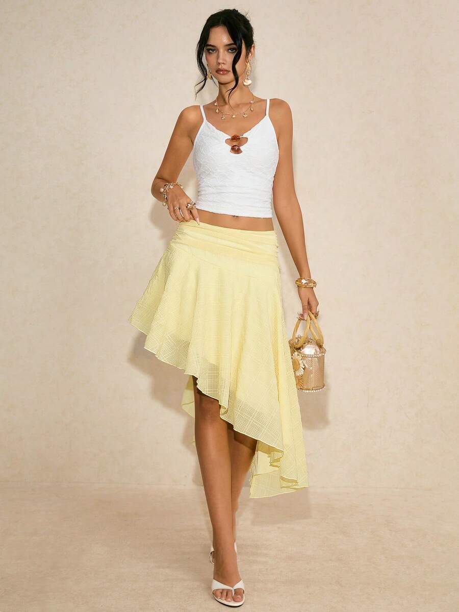 Poéselle 女士纯色腰部褶皱不对称下摆时尚中长裙 - 黃色 - 查看 1