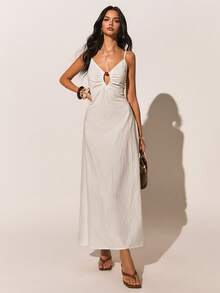 Poéselle White 100% Cotton Maxi Dress, Spaghetti Strap Cutout Summer Sundress, Casual Long Beach Holiday Outfit For Women,French Retro V-Neck Spaghetti Strap Dress,Summer,French-Style Dress,2026 New Arrival - White - View 7