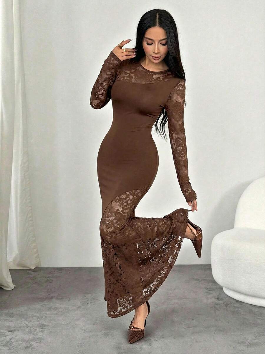 SHEIN PETITE Đầm Maxi đuôi cá phối ren đen cổ bẻ, phong cách tối màu, gợi cảm, thanh lịch, gợi cảm, thu đông - màu nâu - Xem 1