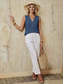 EMERY ROSE Lace Trim Sleeveless Casual Vacation Shirt In Solid Color - Dusty Blue - View 5