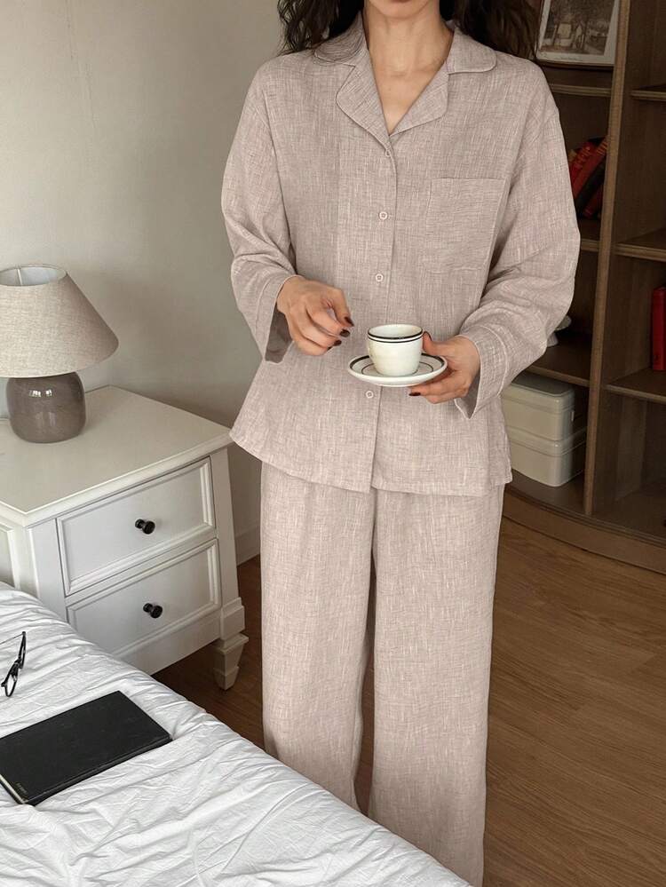 2pcs Solid Color Loose Cardigan Long Sleeve Top And Straight Leg Long Pants Pajama Set, Spring Women