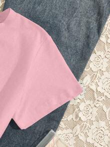 SHEIN Áo thun nữ tay ngắn cổ tròn in chữ, kiểu dáng thường ngày, đa năng. - Màu Hồng baby - Xem 4