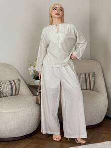 DAZY 2pcs/Set Women Striped White Loose Top And Casual Pants - White - View 6