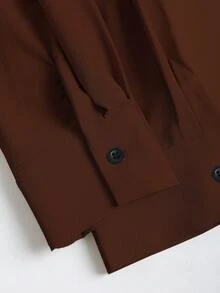 SHEIN Unity Front Button Closure Long Sleeve Shirt With Bow Decor - Coffee Brown - View 5