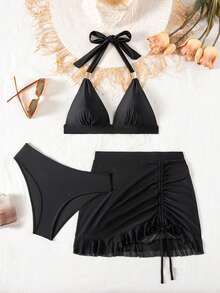 Swim Lushoire Bộ 3 món đồ bơi nữ màu đen trơn, chất liệu dệt kim, có dây buộc phía sau. - màu đen - Xem 4
