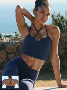 GLOWMODE 情人节 FeatherFit™ 爱动如丝般柔软弹力吸汗可拆卸胸垫吊带背心，适合低强度瑜伽、日常穿着 - Dark Blue - 查看 1