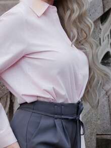 Elenary Edit 女士经典露肩商务衬衫，长袖，纽扣开襟，粉色，适合办公室通勤穿着，优雅商务休闲上衣 - 粉色 - 查看 3