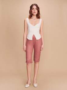 lacRébo Low-Rise Black Jacquard Knit Capri Pants With White Floral Pattern And Ruffle Details Cute Style - Black - View 5