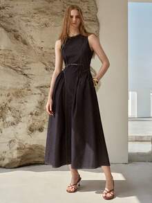 MOTF PREMIUM WOMEN'S SPRING/SUMMER STRUCTURED A-LINE RAW DENIM DRESS - Navy Blue - View 1